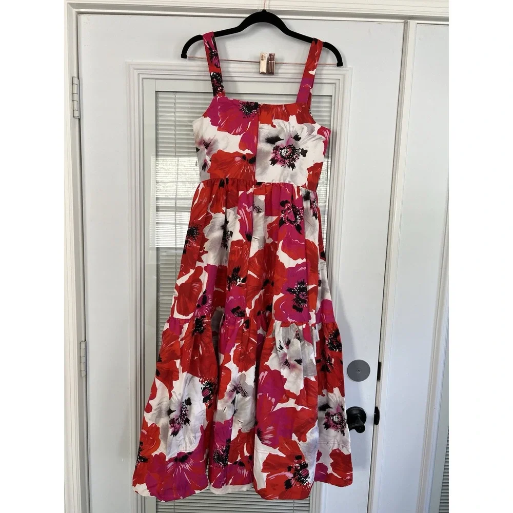 Tanya Taylor Gia Dress Size 2 Red Floral Midi Silk Blend Fit Flare Sundress $545 - Picture 5 of 13